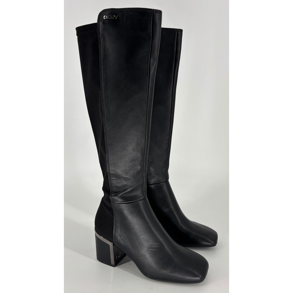DKNY Kamiah Knee High Boot Black Women Size 5.5 Square Toe Side Zip Block Heel